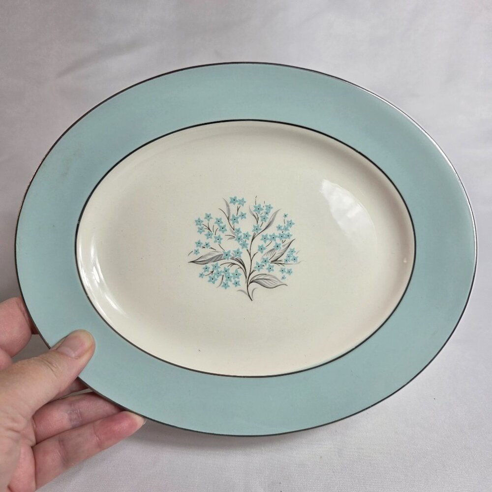 Sevron Blue Lace Oval Serving Platter Floral Center Aqua Blue Border 15 Inch